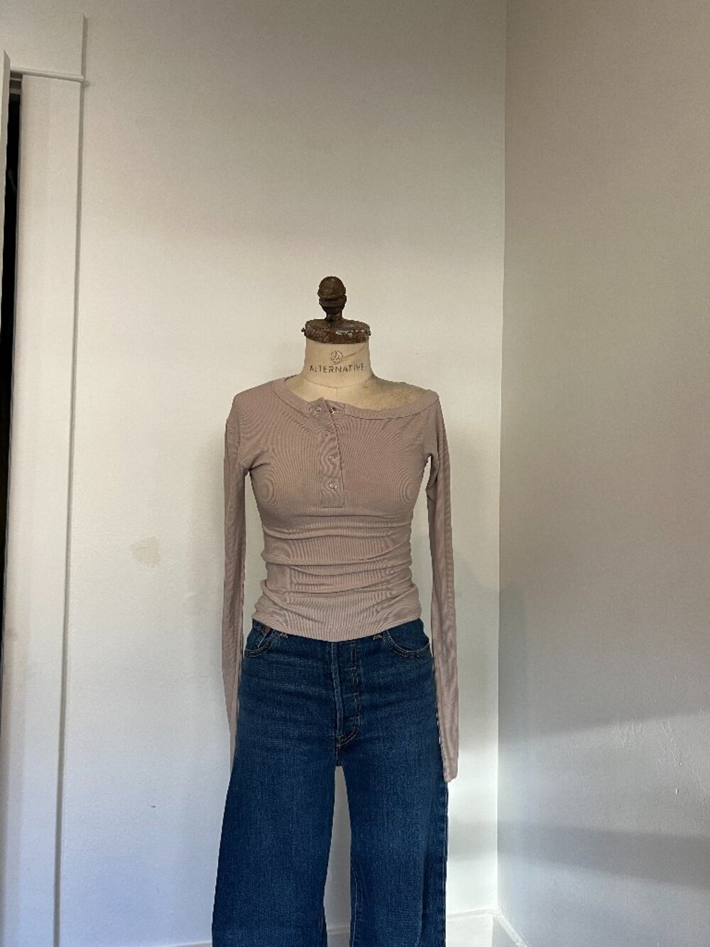 Bayse | Off Shoulder Ribbed Henley Long Sleeve Top